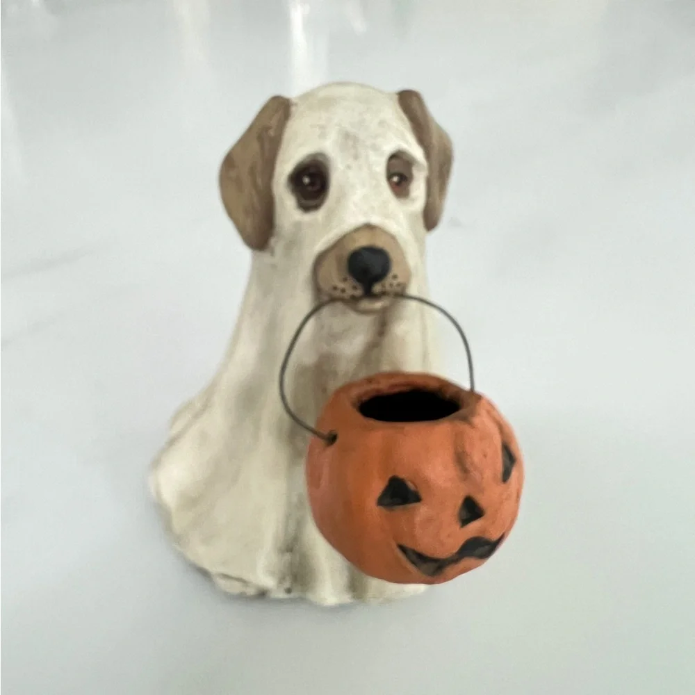 Bethany Lowe Spooky Halloween Ghost Dog with pumpkin Candy Bowl 3.5" Tall - Picture 3 of 10